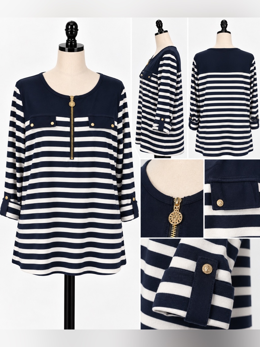 Anne Klein Sport Navy & White Striped Top — Size XL